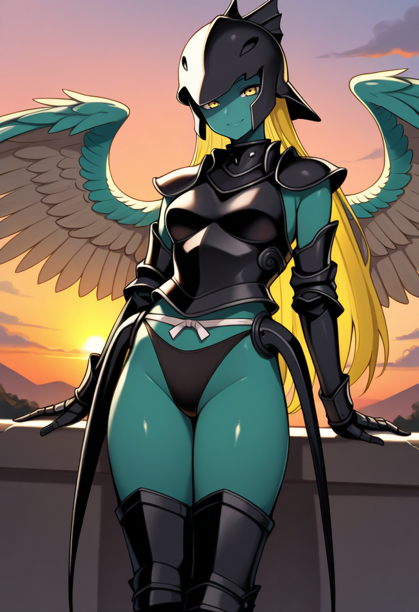 masterpiece, best quality, 1girl, solo, looking at viewer, cowboy shot, smile, sunset, 
 <lora:zs_MorriganILLU:1> m0rr1gansmt, colored skin, green skin, blonde hair, long hair, yellow eyes, green wings, feathered wings, black helmet, black armor, black panties, black armored boots