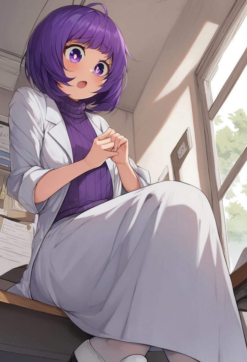 score_9, score_8_up, score_7_up, score_6_up, (1girl ), (solo:1.9 ),
BREAK,
HDA_MasterpieceXL_v.1,perfect hands
BREAK
1girl: kasumi kominami ,<lora:kasumi kominami-v:1>,((small hair)), tiny woman,purple eyes, purple hair,(((( open eyes:1.6, round eyes:1.5,round pupils)))),(small breasts)  
, 
BREAK
 pose sexy,chest up view, doctor's coat,(purple turtleneck sweater),long skirt, sexy nurse, white shoes, white stockings, 
BREAK
nursing, stretcher, desk, window, sky, clouds