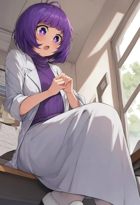 score_9, score_8_up, score_7_up, score_6_up, (1girl ), (solo:1.9 ),
BREAK,
HDA_MasterpieceXL_v.1,perfect hands
BREAK
1girl: kasumi kominami ,<lora:kasumi kominami-v:1>,((small hair)), tiny woman,purple eyes, purple hair,(((( open eyes:1.6, round eyes:1.5,round pupils)))),(small breasts)
,
BREAK
pose sexy,chest up view, doctor's coat,(purple turtleneck sweater),long skirt, sexy nurse, white shoes, white stockings,
BREAK
nursing, stretcher, desk, window, sky, clouds