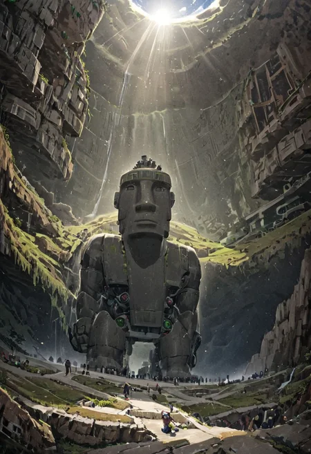 (Moai statue WITH Huge  mecha robots, ON easter island:1.5), 
(Ancient megalithic civilization, Azka Lines, on Easter Island:1.1), (The colonial city of the future, in the mist-filled Grand Canyon, on an unknown Earth-like planet, 2 moon on sky, Spaceship flight connects colonies, waterfulls:1), (Machu Picchu, a mountain settlement, incredibly spectacular:1),  (avant-garde, future, reality, science fiction, photorealistic), White limestone with black granite, fountain, waterfall, landmark, square, path, narrow street, (Large Files, Ultra Realistic, 8K, 16k, FHD, HD, VFX, Perfect, Photography, composition, Architecture Sales Photography, Architecture Competition, Ultra High Resolution, Cinematography, High Resolution Image:1), (dramatic lighting, direct sunlight, ray tracing, clear shadow:1), (real landscape:1), (blurred background:1.0), (urban background, more_details) ,
extremely detailed, industrialbuilding, drdnght machine, spstation, mayamaze, caveruinsAerial