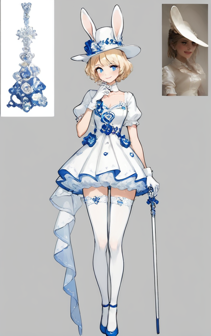 score_9, score_8_up, score_7_up, score_6_up, score_5_up, score_4_up,
 <lora:OverDesignedGirls:.7>
1girl, blonde hair, blue eyes, blue flower, blue footwear, cane, dress, full body, gloves, hat, looking at viewer, official alternate costume, rabbit ears, reference inset, short hair, short sleeves, smile, standing, thighhighs, white dress, white gloves, white legwear