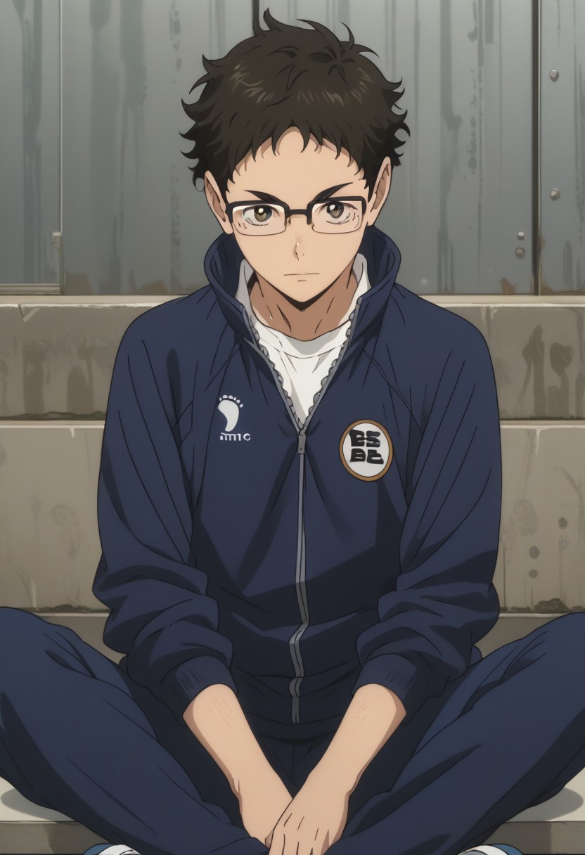 score_9, score_8_up, score_7_up, source_anime, rating_safe, Takaikyu, 1boy, male focus, anime screencap, black glasses, dark blue Karasuno track jacket, white shirt, dark blue pants, sitting, cut off legs,
