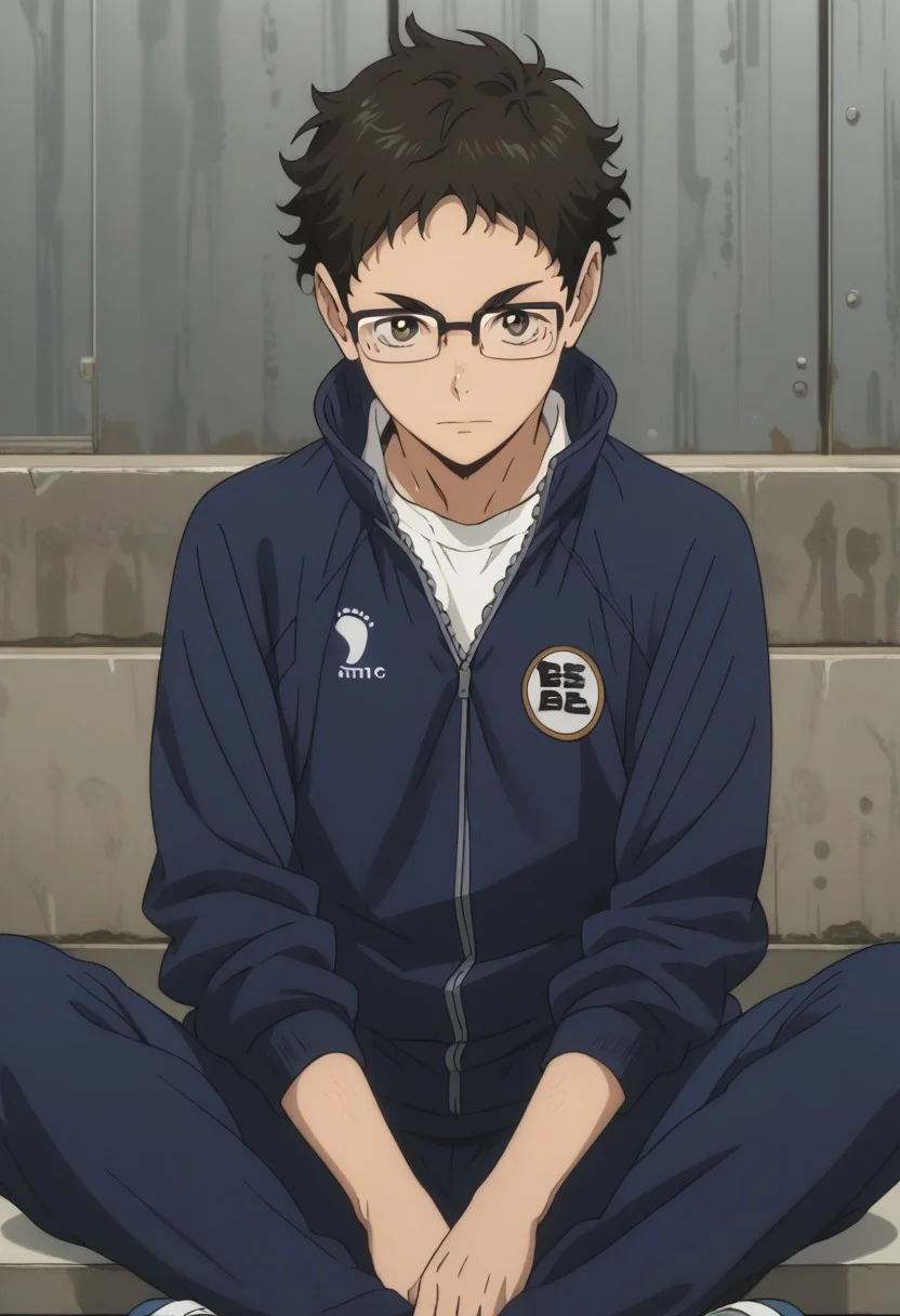 score_9, score_8_up, score_7_up, source_anime, rating_safe, Takaikyu, 1boy, male focus, anime screencap, black glasses, dark blue Karasuno track jacket, white shirt, dark blue pants, sitting, cut off legs,
