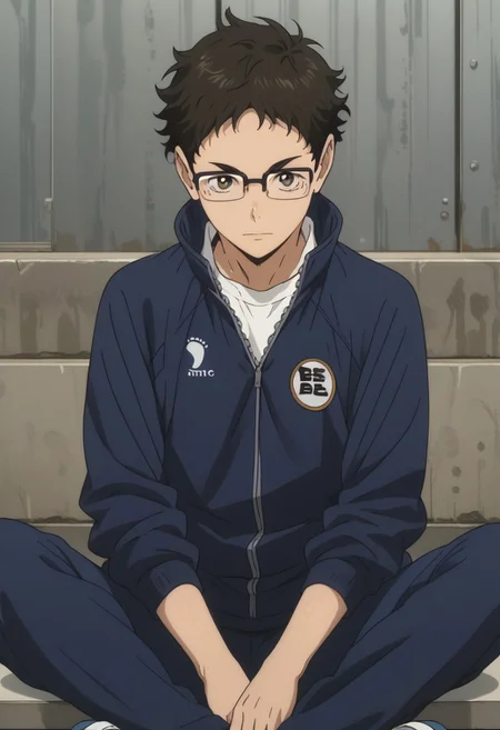 score_9, score_8_up, score_7_up, source_anime, rating_safe, Takaikyu, 1boy, male focus, anime screencap, black glasses, dark blue Karasuno track jacket, white shirt, dark blue pants, sitting, cut off legs,