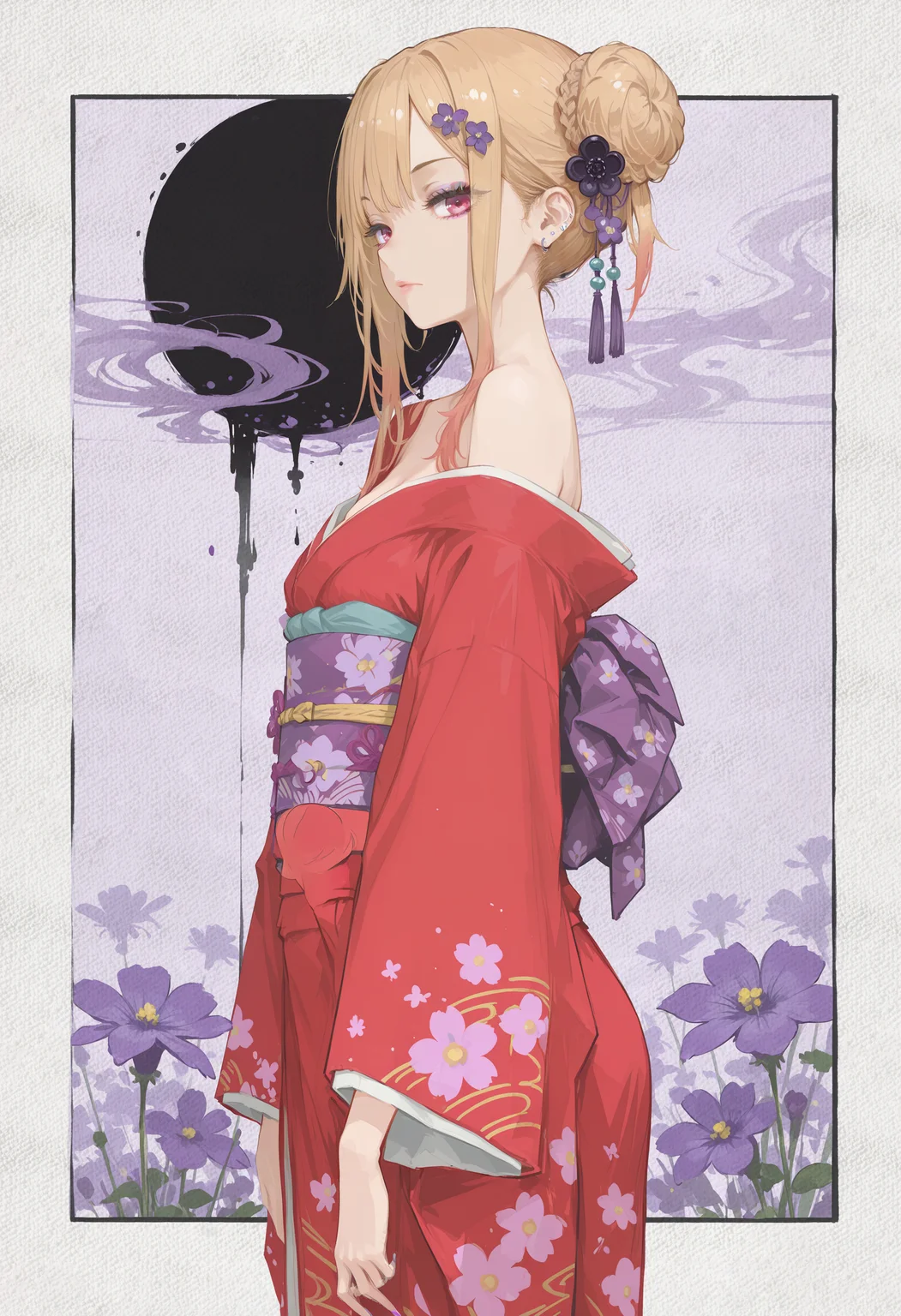 masterpiece,best quality,Subtle Elegance,FluidLines,ElegantBrushwork,Impressionism,Masterpiece,Calm Design,concept art,lightly painted,gentle brush strokes,light and airy,
1girl, solo,
kitagawa marin,
red kimono, japanese clothes, violet floral print, wide sleeves, off shoulder, hair ornament, double bun, closed mouth, violet sash, obi, lips, violet eyeshadow,
looking at viewer, expressionless,
cowboy shot, from side,
violet flowers, black sun, outside border,
h4ra_illu, r17329_illu,
<lora:NOOB_vp1_detailer_by_volnovik_v1:0.3> <lora:ponyv6_noobV1_2_adamW:0.3> <lora:illustriousXL_stabilizer_v1.23:0.4> <lora:LightColor1llust:0.8> <lora:hara_id_21:0.8> <lora:r17329_illu:0.5>