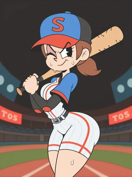 RetroXL, toon \(style\), flat color, black eyes,
girl holding a baseball bat, stadium, sweat, cap, baseball uniform, medium breasts, narrow waist, wide hips, thick thighs, looking at viewer, cowboy shot, dynamic pose, cute, wide shot, solo, sexually suggestive, light smile, one eye closed, angry, from side,
<lora:RetroToonXL_Style-10-IL:1>