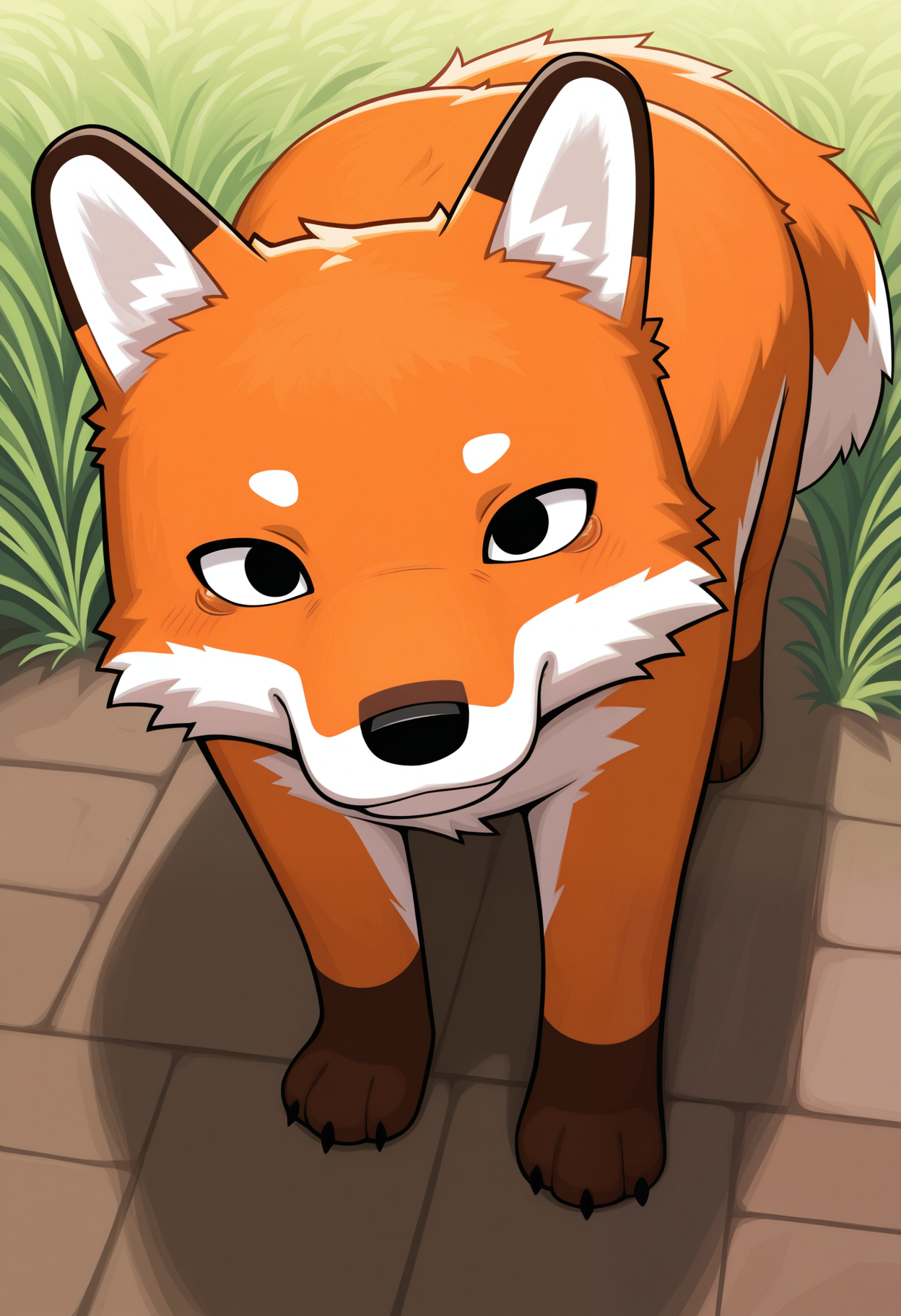 masterpiece,best quality,amazing quality, 1boy, solo, f0xMC, fox, orange fur, black eyes, orange fur, black eyes, tail, blocky,