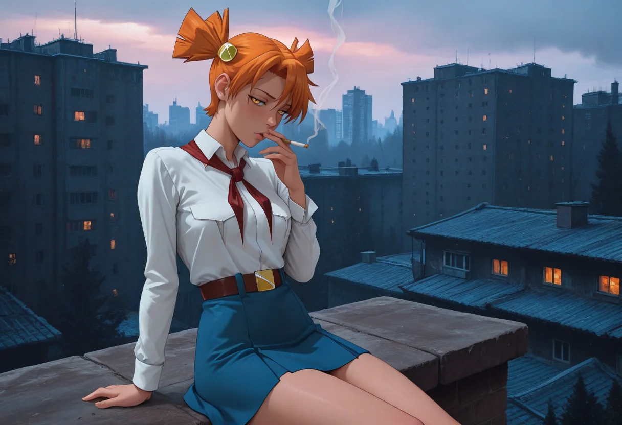 anime artwork night shot of  highres, greatscore, absurdres, masterpiece,  <lora:dvach:1> aldvch, 1girl, solo, orange hair, short twintails, short hair, twintails, hair ornament, orange eyes, white shirt, red neckerchief, blue short skirt,  looking at viewer,  sitting, <lora:ebenya:1> ebenya, outdoors, building, photo background,   <lora:illustriousXLv01_stabilizer_v1.152_1710796:1> half closed eyes, smoking, russian , <lora:noobai_vpred_1_masterpieces_v23:1> masterpiece, best quality, very aesthetic. Dark, lit, moody, mysterious . anime style,  vibrant, studio anime, highly detailed