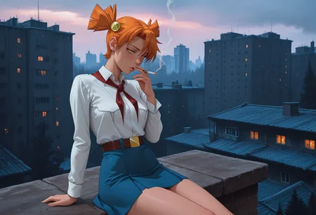 anime artwork night shot of  highres, greatscore, absurdres, masterpiece,  <lora:dvach:1> aldvch, 1girl, solo, orange hair, short twintails, short hair, twintails, hair ornament, orange eyes, white shirt, red neckerchief, blue short skirt,  looking at viewer,  sitting, <lora:ebenya:1> ebenya, outdoors, building, photo background,   <lora:illustriousXLv01_stabilizer_v1.152_1710796:1> half closed eyes, smoking, russian , <lora:noobai_vpred_1_masterpieces_v23:1> masterpiece, best quality, very aesthetic. Dark, lit, moody, mysterious . anime style,  vibrant, studio anime, highly detailed