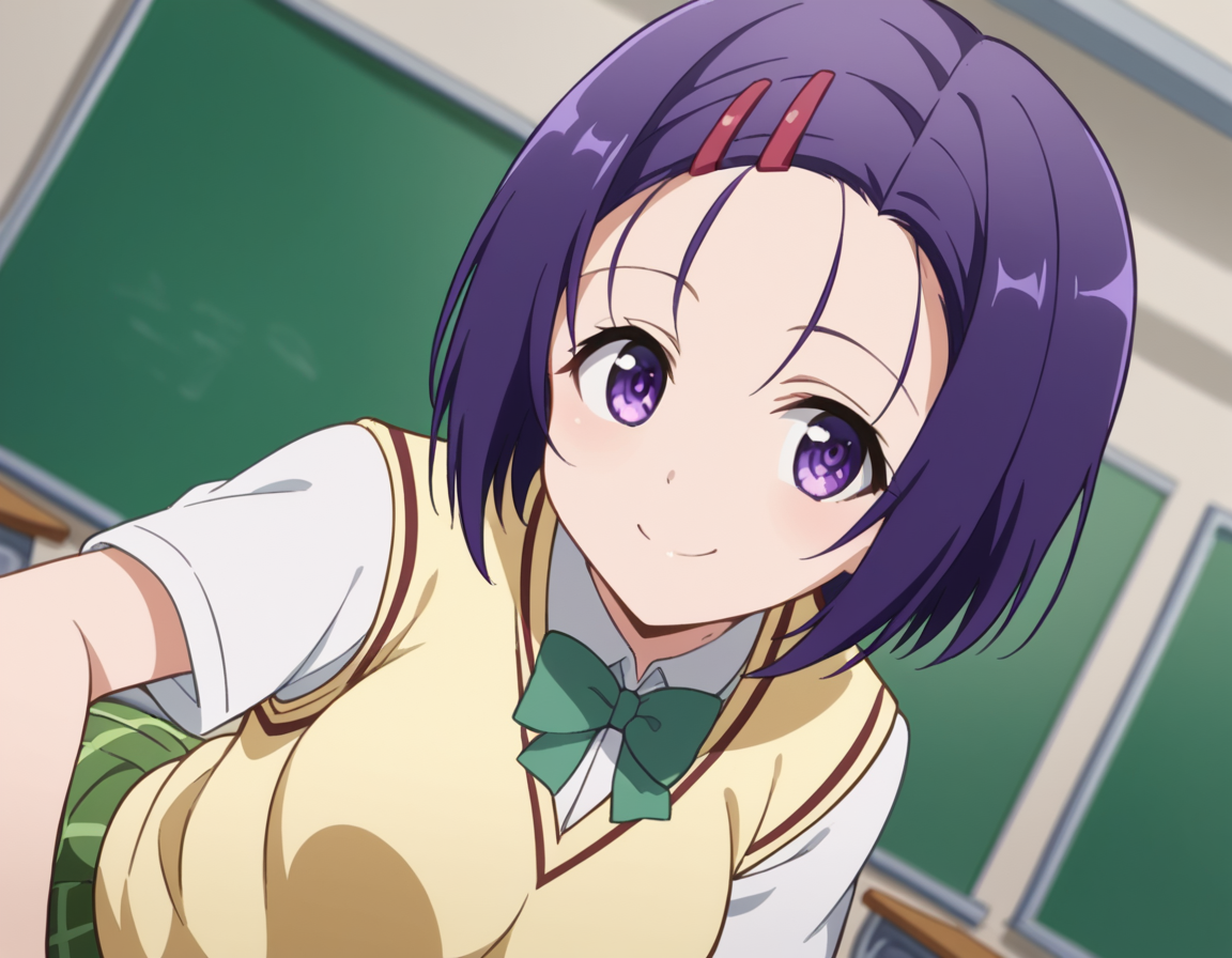score_9, score_8_up, score_7_up, source_anime,
harunasairenji, <lora:haruna-sairenji-darkness-ponyxl-lora-nochekaiser:1>,
haruna sairenji, hair ornament, hairclip, purple eyes, purple hair, short hair, swept bangs, forehead,
green skirt, plaid, plaid skirt, sainan high school uniform, school uniform, skirt, sweater vest, yellow sweater, short sleeves,
indoors, classroom, bent over, smile,
looking at viewer, cowboy shot, dutch angle, solo,