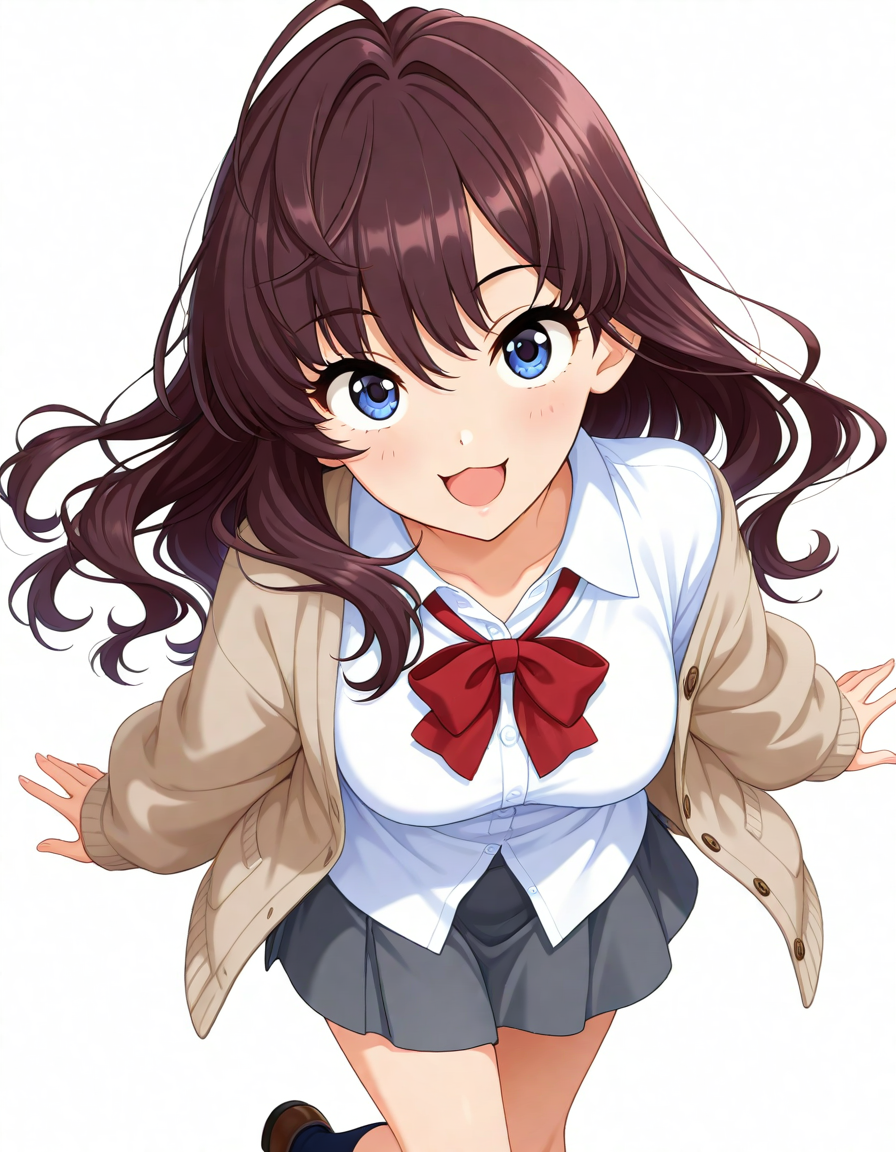 masterpiece,best quality,absurdres,official art,official style,source_anime,anime screencap,anime coloring,
<lora:Hyper-SDXL-8steps-lora:1>,
<lora:Shiki_IL:0.8>,shikichang,1girl,solo,long hair,brown hair,wavy hair,ahoge,bangs,blue eyes,big eyes,medium breasts,
red bowtie,open cardigan,open clothes,brown cardigan,grey skirt,white collared shirt,dark blue socks,brown loafers, 
smile,:3,open mouth,(untucked shirt:1.2),white background,