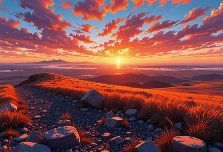 In the predawn hours, a vibrant sunrise illuminates the vast, sprawling prairie, casting a golden glow that dances across the landscape. the scene unfolds with a dramatic interplay of light and shadow. The horizon is a blazing tapestry of fiery reds, oranges, and yellows, set against the deep, cool tones of the night sky, which remains a haunting expanse of black and blue. The mist rising from the prairie adds an ethereal, almost magical quality to the scene, creating a delicate veil that softens the contours of the land. The focal shadow, cast by the plateau, cuts a sharp, diagonal line across the composition, enhancing the sense of depth and mystery. The gravel and scattered rocks, partially covered by tufts of golden grass, form a textured foreground, adding a sense of rough, natural beauty to the otherwise serene landscape. subtle luminous energy effects pepper the scene, casting dynamic highlights that interact with the mist and the shadows. The gravel, with its polished, smooth texture, glistens under the ethereal glow as it (curves away) into the lower left third of the scene, while the grass sways gently in the early morning breeze, creating a sense of movement and vitality. The high-contrast color palette, with its bold and vibrant hues, brings the scene to life, creating a powerful and otherworldly atmosphere. Every element, from the fiery sunrise to the dark, shadow-drenched areas, is meticulously detailed, with fine gradients and intricate textures that enhance the overall intensity and dynamic range. The result is a captivating and energetic landscape that feels both familiar and profoundly mystical, a testament to the beauty and power of nature., ultra-detailed, hyper-detailed, ambient lighting, volumetric lighting, (masterpiece), (Amazing quality), (phenomenal aesthetic), cinematic moment, 8K<lora:FLUX_Ghibsky_Illustrations.safetensors:0.8:1.0>