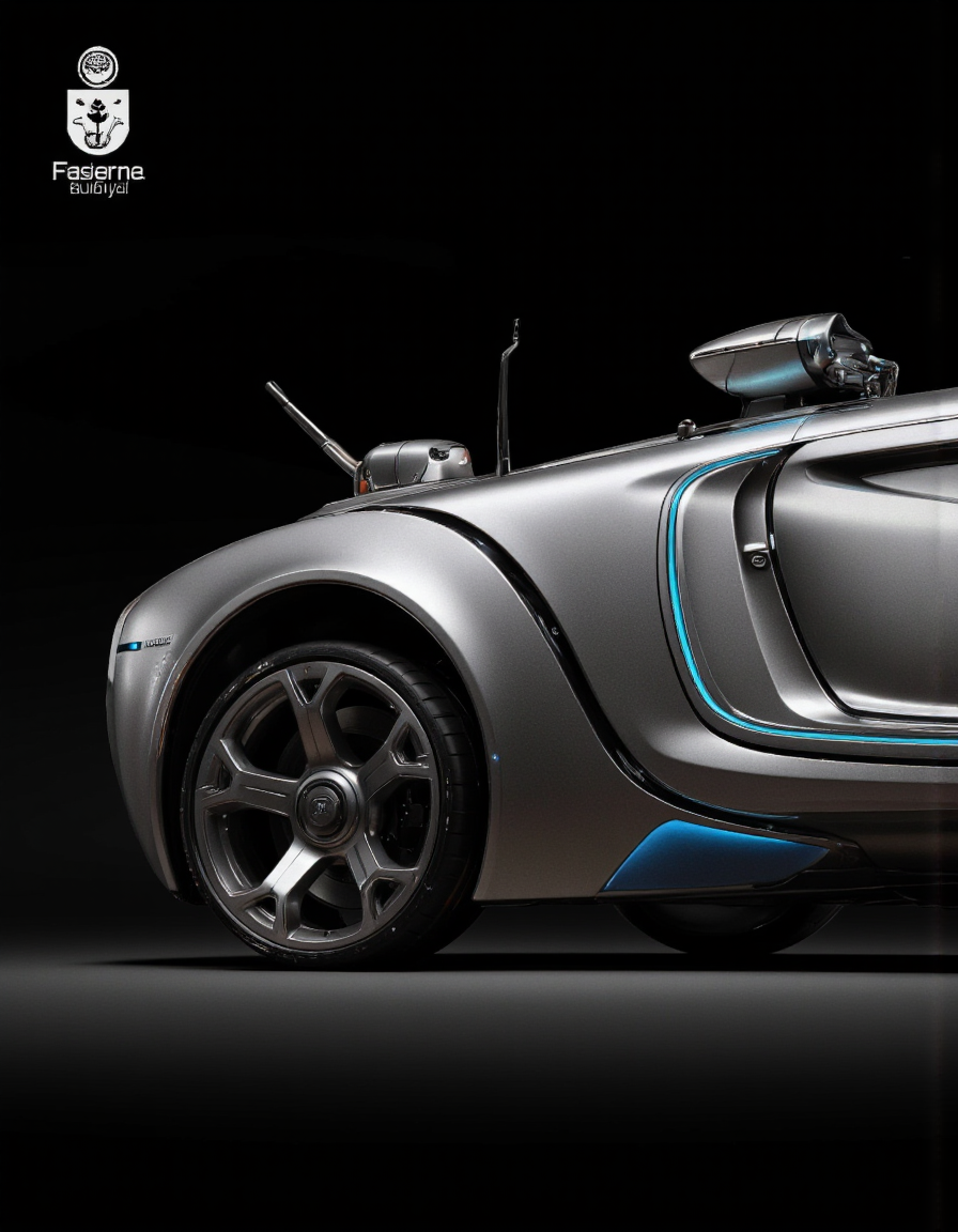 Art by Andrian Luchian. A futuristic, sleek car with a futuristic design, featuring a sleek, metallic body with a blue stripe running along the side. The car has a large, angular wheel in the front and a small, robotic arm mounted on top, giving it a futuristic and advanced look. the car is positioned in the center of the image, with a black background that highlights the sleek design of the car, and the company's logo is prominently displayed on the top left corner. the overall aesthetic is minimalistic and modern, showcasing the car's sleek and futuristic design.