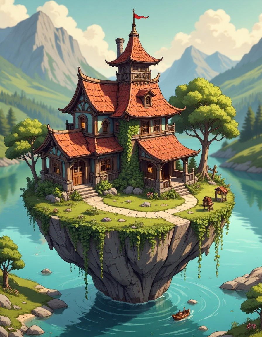 a magical little place on a miniature floating island made by a surrealist sculptor isometric enchanted alternate dimension