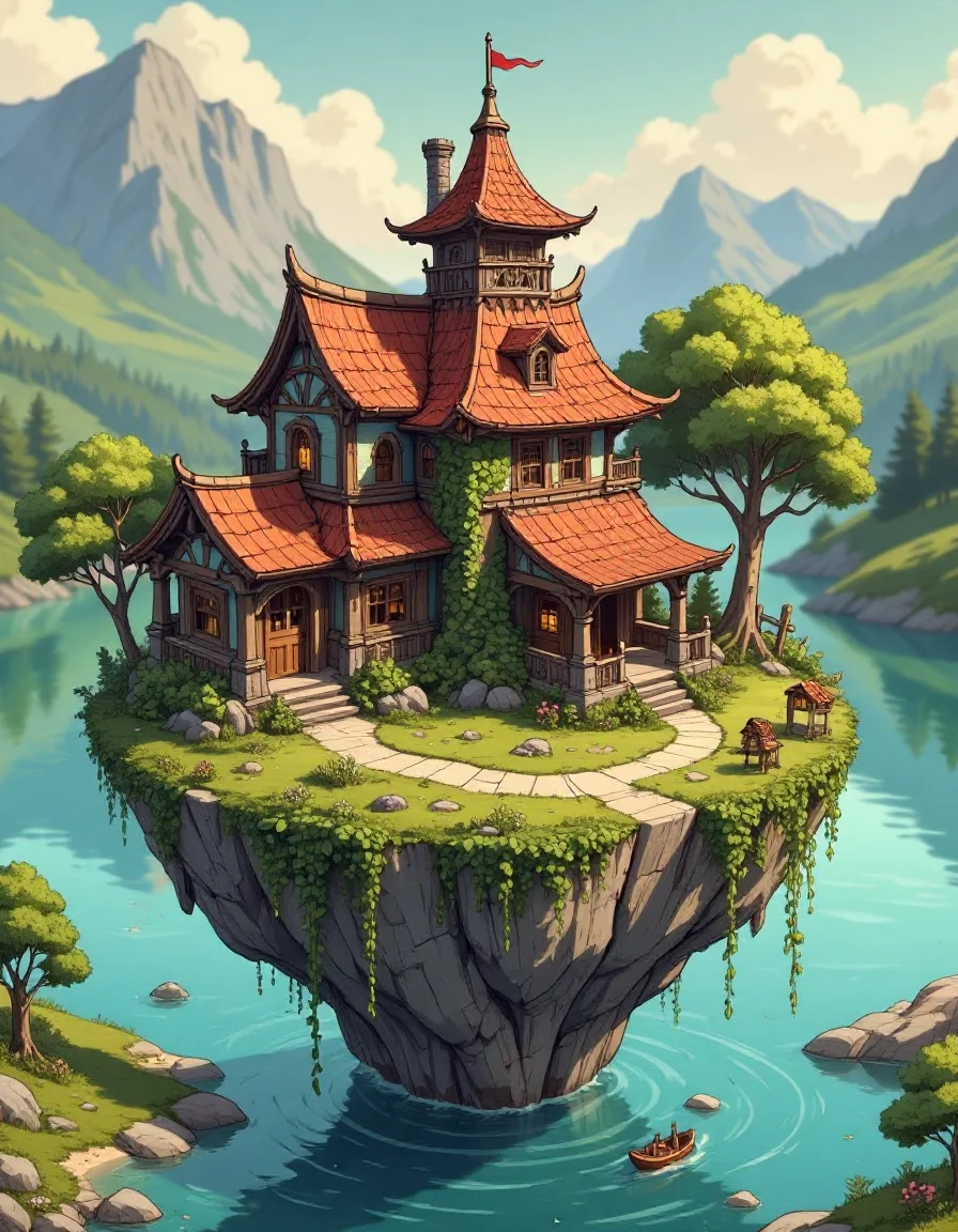 a magical little place on a miniature floating island made by a surrealist sculptor isometric enchanted alternate dimension
