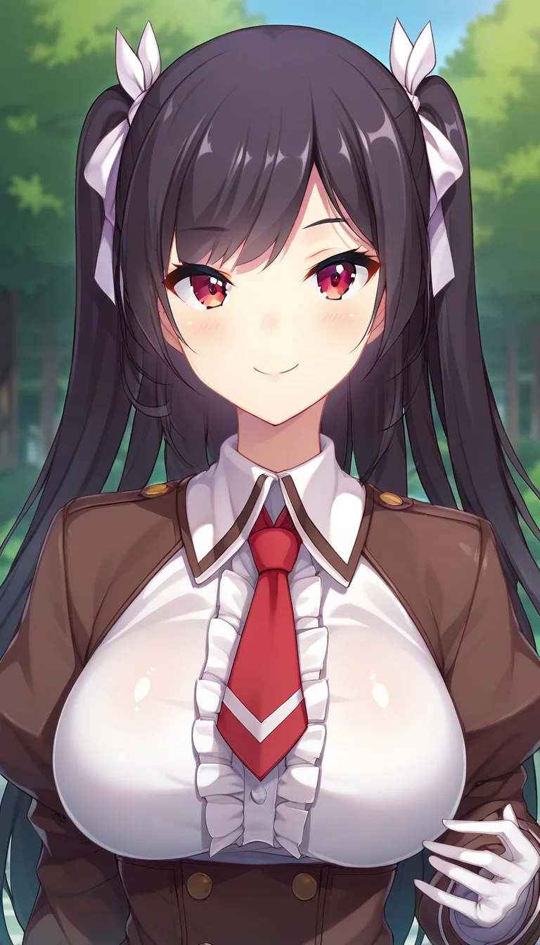 score_9,score_8_up,score_7_up,score_6_up BREAK official art,solo,outdoors,upper body,(portrait:1.5),looking at viewer,facing viewer,smile,blush,Takahashi Remi,long hair,black hair,twintails,two side up,hair ribbon,white ribbon,swept bangs,red eyes,school uniform,suspender dress,brown dress,short dress,frilled dress,buttons,red bowtie,white shirt,collared shirt,center frills,long sleeves,puffy sleeves,juliet sleeves,white gloves,large breasts,underbust,pleated skirt,zettai ryouiki,white thighhighs,loafers,<lora:Takahashi Remi(fyps)-Pony:1.4>,