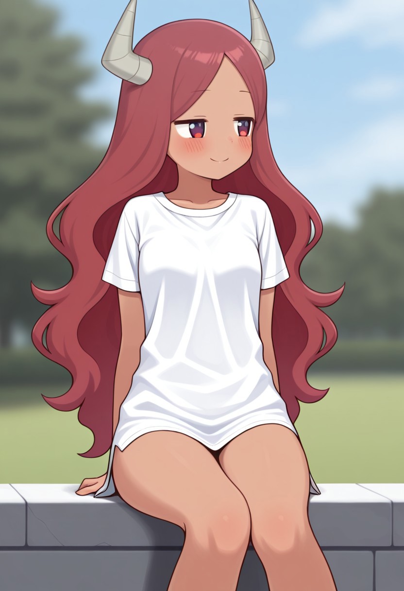 masterpiece, best quality, 32k, high resolution, absurdres, maou, bare legs, outdoors, smile, blurry background, blush, small breasts, day, looking to the side, shirt, sky