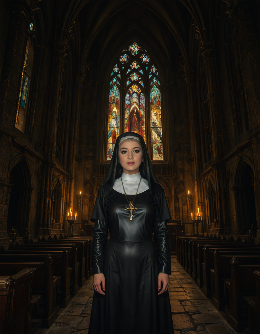 nsfw,focus on a nun,A gothic scene featuring a mysterious woman dressed as a nun in a flowing black latex habit with intricate lace detailing and choker and a red bra, standing solemnly inside of a G0th1c church. The atmosphere is charged with tension as an otherworldly presence seems to loom over the scene, casting eerie red and black shadows on the ancient stone. Other nuns in the background appear uneasy, their movements slow and dreamlike, as if they are being influenced by an unseen dark force. The cathedral's gothic architecture towers above with sharp spires, grotesque gargoyles, and a glowing stained-glass window radiating an unnatural crimson light.<lora:SDXLFaeTastic2400:0.4> <lora:extremely_detailed:0.4> extremely detailed, <lora:G0th1c_church:1>, Masterpiece,best quality,hi res,8k,hi res,8k,award winning,(sharp focus, intricate, highly detailed),