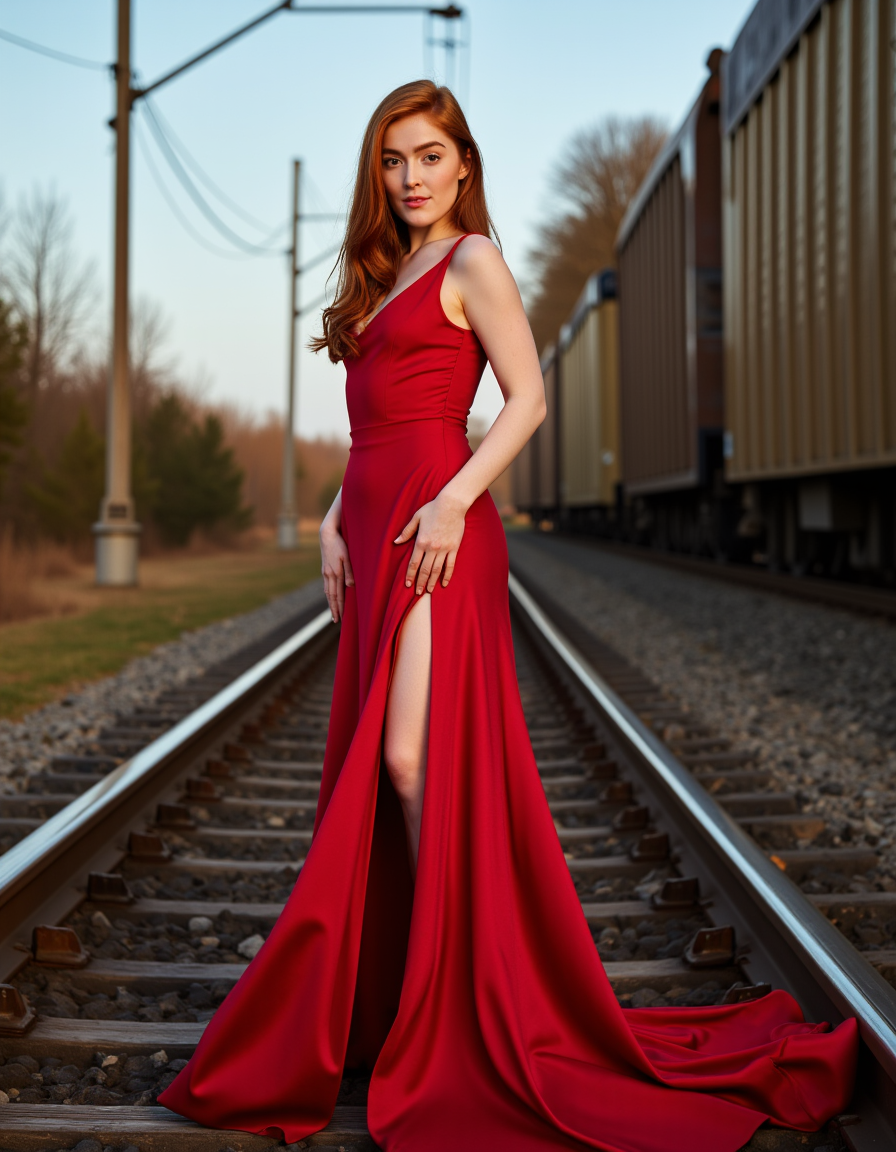 A blazing redhead supermodel stands on an active railway track, her crimson silk gown pooling at her feet as the distant glow of an oncoming train approaches. The wind rushes against her, sending shivers through her exposed skin. She locks eyes with the camera, her gaze dripping with defiance and raw eroticism. Itâs a high-stakes moment of beauty and dangerâthe sound of steel against steel, the scent of adrenaline in the air, and the undeniable presence of a woman who refuses to move   <lora:jialissa64:0.9>