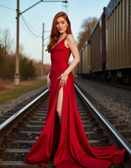 A blazing redhead supermodel stands on an active railway track, her crimson silk gown pooling at her feet as the distant glow of an oncoming train approaches. The wind rushes against her, sending shivers through her exposed skin. She locks eyes with the camera, her gaze dripping with defiance and raw eroticism. Itâs a high-stakes moment of beauty and dangerâthe sound of steel against steel, the scent of adrenaline in the air, and the undeniable presence of a woman who refuses to move <lora:jialissa64:0.9>
