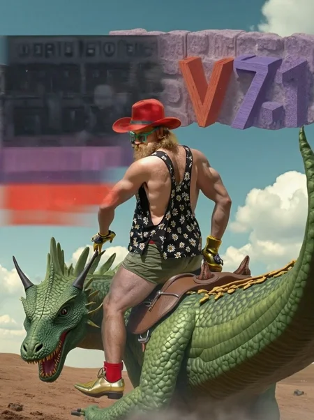 HD high quality cinematic fantasy photo of a man from behind, in a side view, wearing a cowboy hat and golden metallic yellow shoes, he is riding atop a massive green dragon outfitted with a sturdy saddle, his leg on the left side is clse to the foreground, the dragon is soaring through the skies, offers an exhilarating and majestic experience. The's powerful wings create gusts of wind as it glides, its emerald scales shimmering under the sunlight, while the saddle ensures a secure and comfortable seat for the rider. Letters are floating on the air wih text information "Proper Fux Inpainting and Ouptainting" and "V7.1"