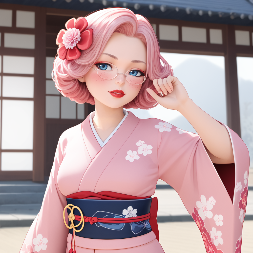 <lora:MrClaus_pony_v1:1>  MrsClaus, 1girl,  glasses, round eyewear,  solo, blue eyes, red lips, lipstick, makeup, pink hair,  short hair,  freckles, cowboy shot,, japanese clothes, kimono, hair ornament, blush, hair flower, pink kimono, sash, obi, floral print, wide sleeves