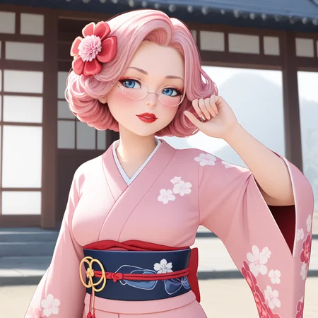 <lora:MrClaus_pony_v1:1>  MrsClaus, 1girl,  glasses, round eyewear,  solo, blue eyes, red lips, lipstick, makeup, pink hair,  short hair,  freckles, cowboy shot,, japanese clothes, kimono, hair ornament, blush, hair flower, pink kimono, sash, obi, floral print, wide sleeves