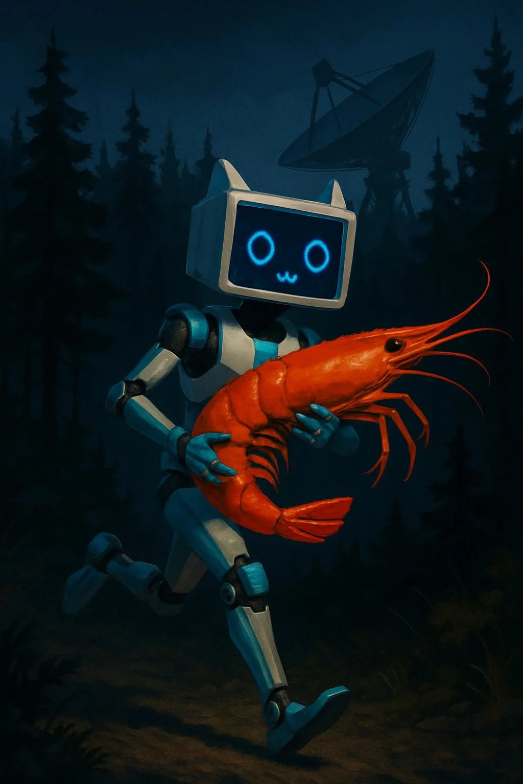 Depict this robot running in the pine forest at night with an oversized shrimp in it's hands. Big satellite dish can be seen in the distance peeking above the trees.