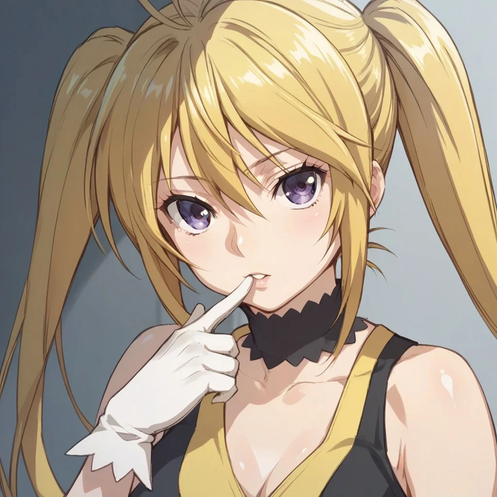 score_9,score_8_up,score_7_up, shiny skin,
mitsuha_(sekirei), 1girl, solo, gloves, blonde hair, choker, twintails, purple eyes, white gloves, finger to mouth, sleeveless, dress