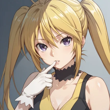 score_9,score_8_up,score_7_up, shiny skin,
mitsuha_(sekirei), 1girl, solo, gloves, blonde hair, choker, twintails, purple eyes, white gloves, finger to mouth, sleeveless, dress