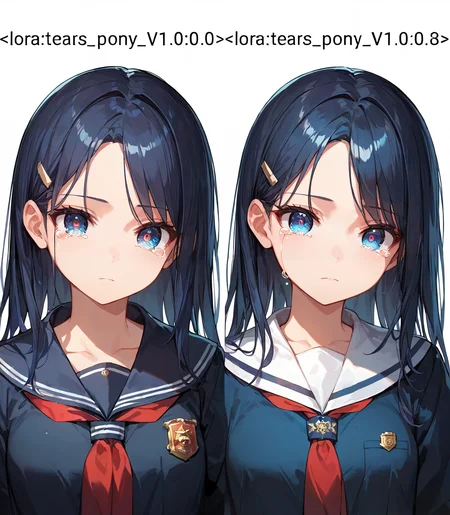 score_9, score_8_up, score_7_up,source_anime, high res image,masterpiece,best quality,break,
girl,cute face,clear skin,shiny hair,ultra detailed eyes,simple background,
<lora:tears_pony_V1.0:0.0> tears,(expressionless:1.2),school uniform,