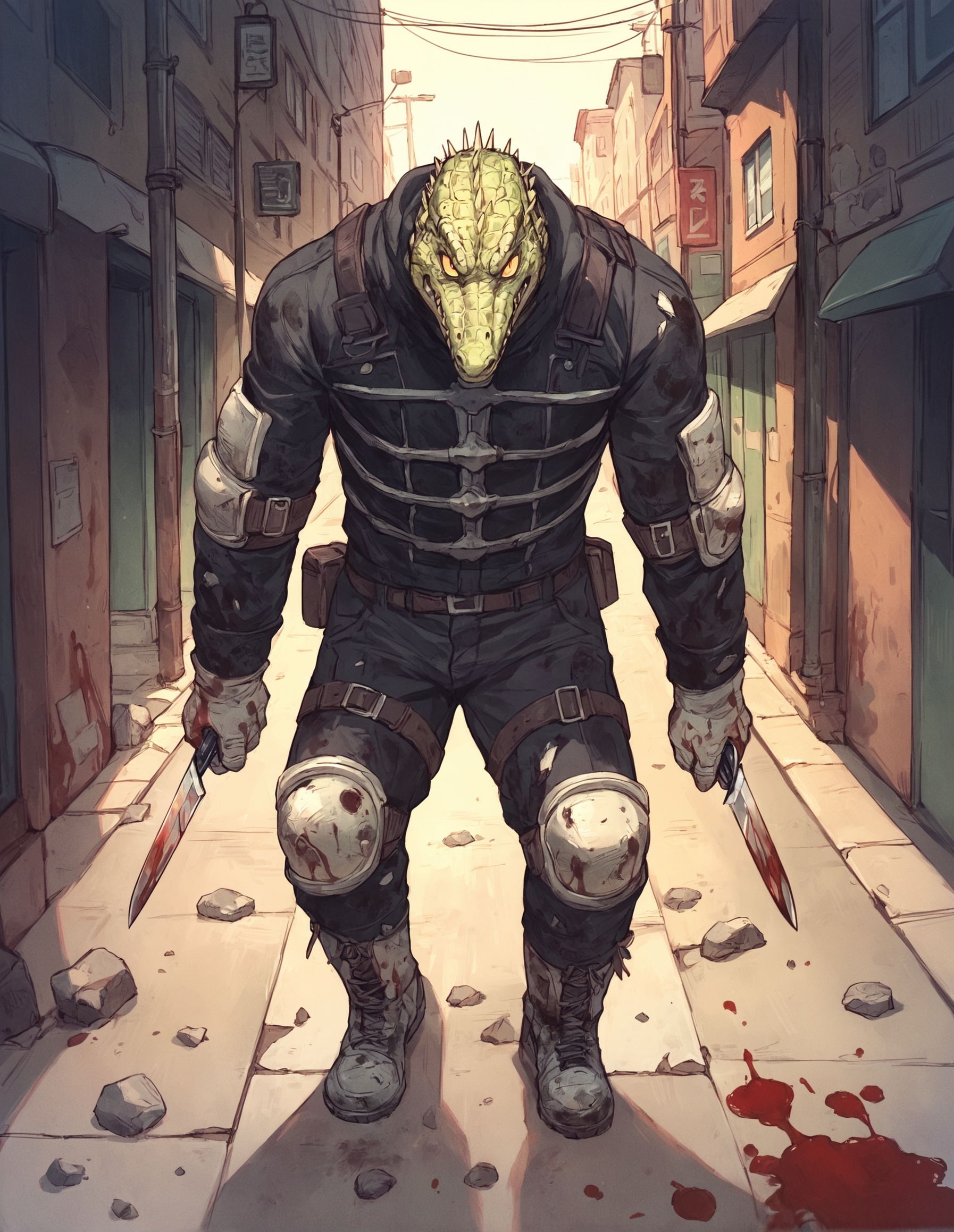 score_9, score_8_up, score_7_up,score_6_up,high resolution,qhayastyle,cayman,crocodile head,1boy,street,rim lighting,dof,solo,pov,dual wielding,holding knife,knee pads,black jacket,belt,knife,boots,dirty,blood