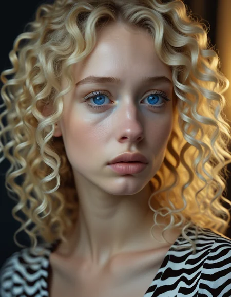 2d, A melancholic profile of a young woman with cascading blonde curls, her pale skin and sad, tear-filled blue eyes capturing a deep sense of longing, her small nose and full lips contributing to her fragile beauty., highly detailed, Luminescent, volumetric lighting, zebra print, sad atmosphere <lora:usual-portrait-v2:.9>