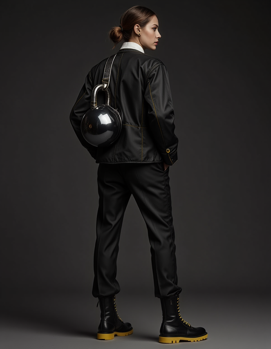 A photorealistic, high-fashion editorial photograph capturing conceptual tension within the Mushroom Kingdom Fashion style, inspired by Bob-ombs. A model poses with controlled energy against a simple, dark background. They wear a sharply tailored pantsuit, primarily black, but with unique details. The jacket might feature a rounded, slightly oversized silhouette reminiscent of the Bob-omb body, perhaps crafted from a matte black neoprene or similar structured fabric. A key feature is a large, polished metallic winding key element integrated onto the back or shoulder, rendered in sophisticated dark chrome. Fuse-like details could be suggested through thin, bright yellow piping accents running along seams or edges. Beneath the jacket, a simple white collared shirt. Footwear is sleek black boots with unexpected bright yellow soles. The overall look balances playful round shapes with sharp tailoring and metallic accents, conveying contained energy. Controlled tension, playful menace, conceptual tailoring, ultra-detailed, 8K.
<lora:mushroom-kingdom-fashion-flux:0.8>