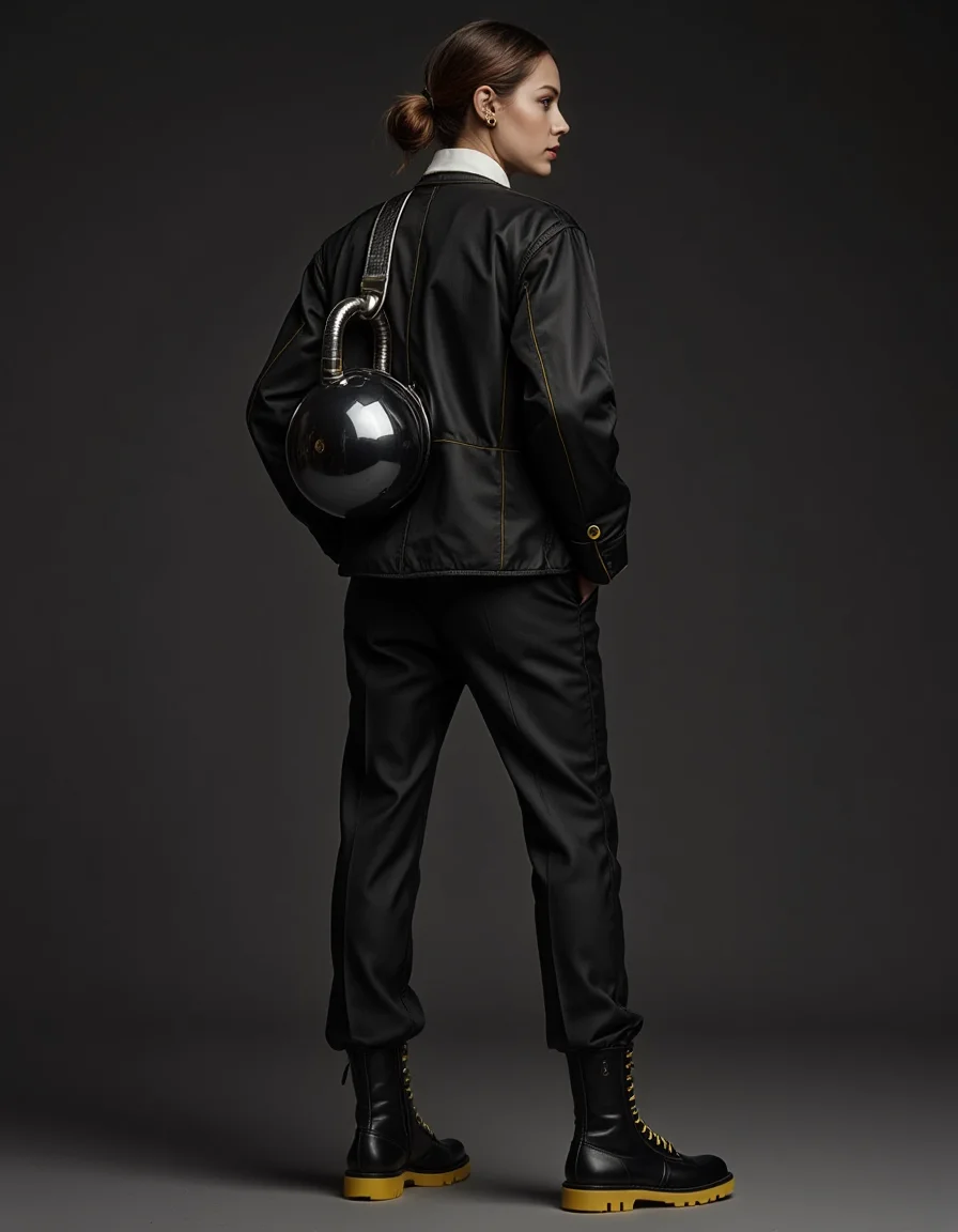 A photorealistic, high-fashion editorial photograph capturing conceptual tension within the Mushroom Kingdom Fashion style, inspired by Bob-ombs. A model poses with controlled energy against a simple, dark background. They wear a sharply tailored pantsuit, primarily black, but with unique details. The jacket might feature a rounded, slightly oversized silhouette reminiscent of the Bob-omb body, perhaps crafted from a matte black neoprene or similar structured fabric. A key feature is a large, polished metallic winding key element integrated onto the back or shoulder, rendered in sophisticated dark chrome. Fuse-like details could be suggested through thin, bright yellow piping accents running along seams or edges. Beneath the jacket, a simple white collared shirt. Footwear is sleek black boots with unexpected bright yellow soles. The overall look balances playful round shapes with sharp tailoring and metallic accents, conveying contained energy. Controlled tension, playful menace, conceptual tailoring, ultra-detailed, 8K.
<lora:mushroom-kingdom-fashion-flux:0.8>