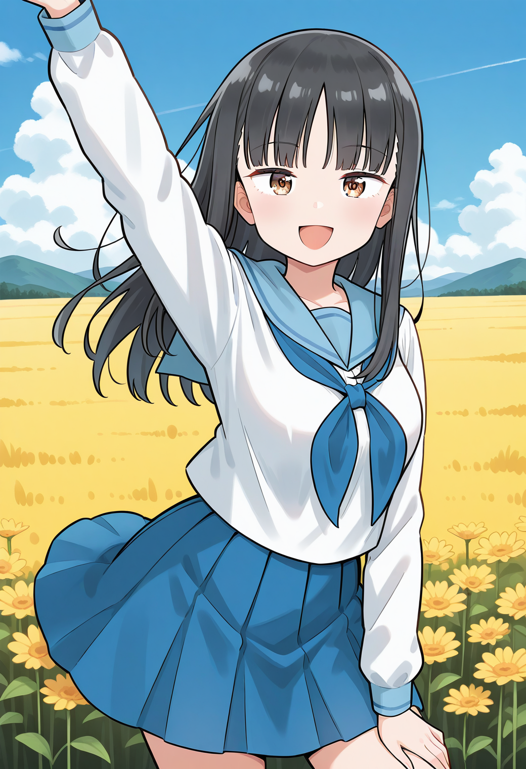 yuzuki_kaede, brown eyes, black hair, long hair, bangs, school uniform, serafuku, white shirt, long sleeves, blue skirt, <lora:yuzuki_kaede_illustrious_ver1:0.8> 
1girl, solo, (field:1.2), (blue sky:1.2), looking at viewer, smile, open mouth,, masterpiece, best quality, general,, (cowboy shot, dynamic pose:1.4),