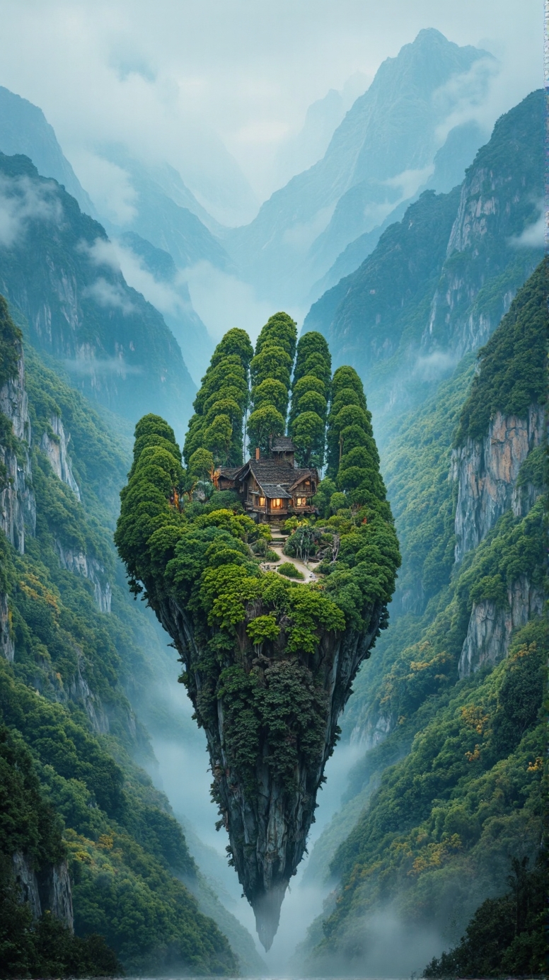 , The image you've provided is a digital artwork depicting a surreal landscape. It features a house perched on a cliff, surrounded by lush greenery and towering mountains. The house appears to be a traditional wooden structure with a thatched roof, and it is situated in the center of the image, drawing the viewer's attention. The mountains in the background are covered in mist, adding a sense of depth and mystery to the scene. The overall color palette is dominated by shades of green and blue, creating a serene and tranquil atmosphere. The image does not depict any action or movement, but rather captures a moment of stillness and beauty in a fantastical setting.
