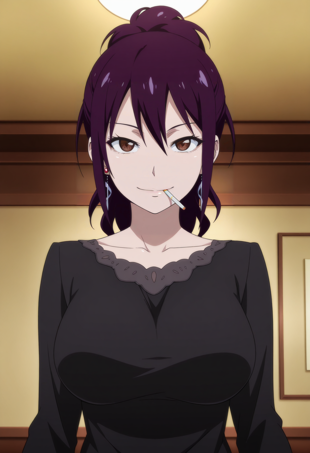 1girl,solo,mm,mature female,purple hair,brown eyes,earrings,ponytail,breasts,anime coloring, 
black dress,upper body, looking at viewer, smile,indoors,cigarette, straight-on, 
,masterpiece,best quality,amazing quality,<lora:nisekoi ix:0.8>