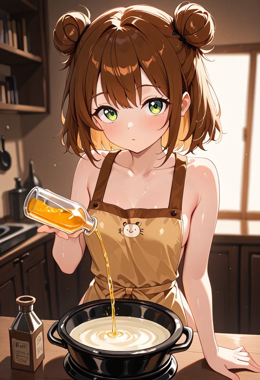 masterpiece, best quality, good quality, very aesthetic, absurdres, newest, 8K, depth of field,  in the style of cknc, artist:moriimee, in the style of cksc, 
1girl, short brown hair, messy bun, green eyes, small breasts, perky, stained apron, glossy skin, pouring potion, looking at viewer, from front
BREAK
cluttered workshop, bubbling cauldrons, books scattered
BREAK
warm light, earthy tones, high contrast, soft focus, rich details, curious vibe