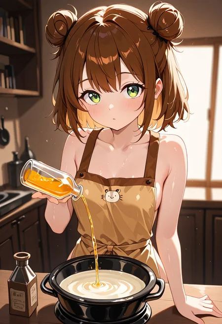 masterpiece, best quality, good quality, very aesthetic, absurdres, newest, 8K, depth of field, in the style of cknc, artist:moriimee, in the style of cksc,
1girl, short brown hair, messy bun, green eyes, small breasts, perky, stained apron, glossy skin, pouring potion, looking at viewer, from front
BREAK
cluttered workshop, bubbling cauldrons, books scattered
BREAK
warm light, earthy tones, high contrast, soft focus, rich details, curious vibe