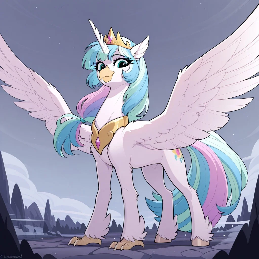 masterpiece, best quality, very aesthetic <lora:MLP-Hippogriff_Illustrious:0.7> hippogriff, classical hippogriff, wings, feral, my little pony, beak, claws, hooves, princess Celestia, looking back at you, in cloudsdale, spread wings, fear