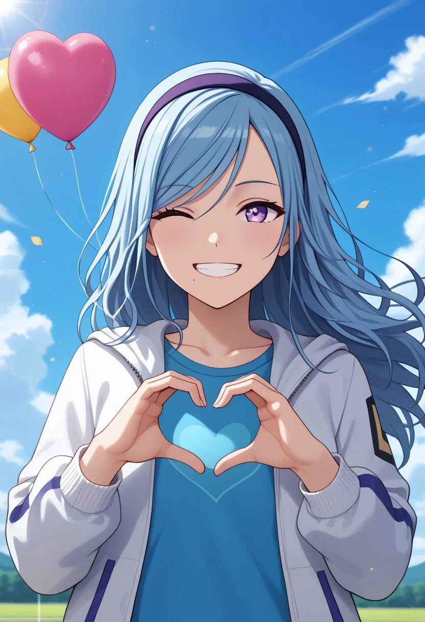 (masterpiece), best quality, expressive eyes, perfect face, sky, smile, one eye closed, mole, heart, blue sky, cloud, balloon, heart hands, looking at viewer, blurry, upper body, swept bangs, jacket, day, depth of field, lens flare, purple eyes, light particles, light blue hair, grin, bangs, ribbon, hairband, floating hair, shirt, cloudy sky, dot nose, outdoors, jewelry, shizuku_h