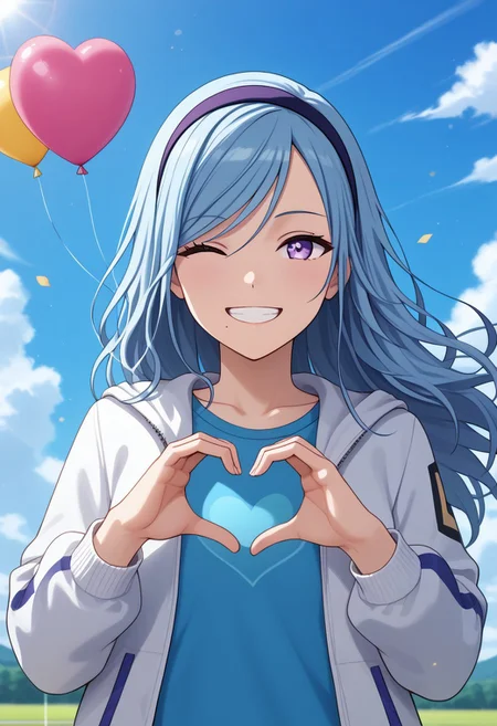 (masterpiece), best quality, expressive eyes, perfect face, sky, smile, one eye closed, mole, heart, blue sky, cloud, balloon, heart hands, looking at viewer, blurry, upper body, swept bangs, jacket, day, depth of field, lens flare, purple eyes, light particles, light blue hair, grin, bangs, ribbon, hairband, floating hair, shirt, cloudy sky, dot nose, outdoors, jewelry, shizuku_h