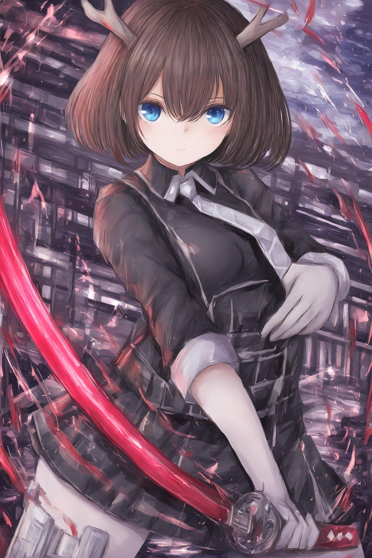 (darkkanan:0.55),(moto_murabito:0.752),(shigatake:0.45),(hungry_clicker:0.4),(aaaa \(quad-a\):0.3),(hews:0.1),ready_to_draw, {{{control more ink splashing}}}, {a great katana}, {splitting}, Dynamic feeling, Swung a slashing strike,(masterpiece:1.2),(best quality:1.2),newest,absurdres,highres,sensitive,
kano, (antlers:1.2), 1girl, solo, brown hair, blue eyes,short hair,
battle dress, short skirt, tie, black uniform, black shirt, leg ornaments, seriously, red knife light, dazzling light,
<lora:kano_ill_11_laji:1>