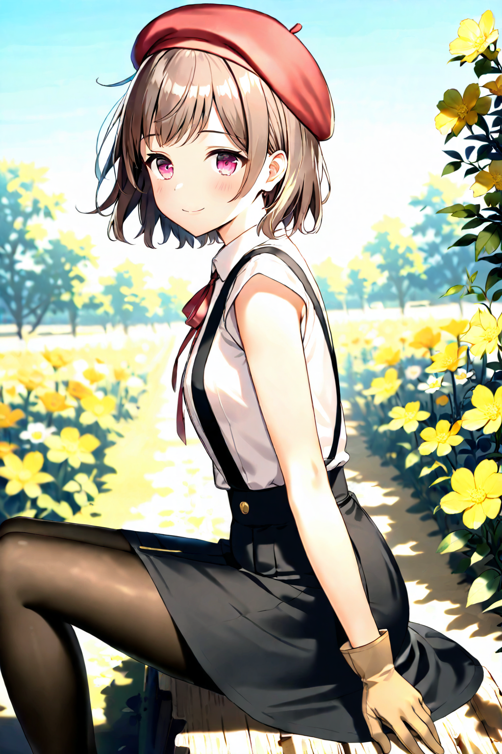 1girl, sitting, feet out of frame, from side, looking at viewer, short hair, brown hair, pink eyes, beret, red hat, white shirt, collared shirt, cap sleeves, brown gloves, black skirt, suspender skirt, black pantyhose, closed mouth, smile, outdoors, nature, flower field, golden hour lighting <lora:CapSleeves_A4_Opt_v4:1>