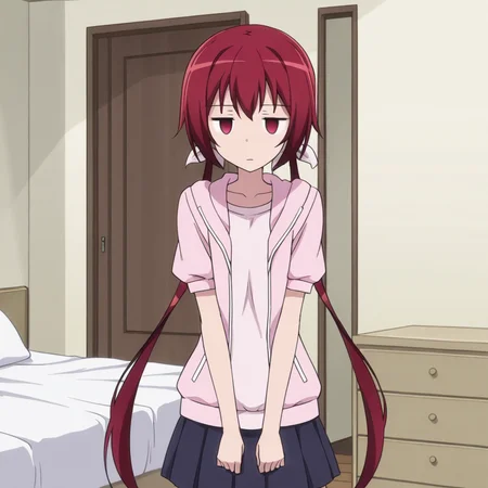 nsfw, masterpiece, best quality, 1girl, solo, jokamachi_no_danderaion_akane_sakurada, standing, empty eyes, twintails, red hair, long hair, jitome, red eyes, low twintails, hair ribbon, skirt, ribbon, bedroom, bed, <lora:Akane_Sakurada_-_Jokamachi_no_Danderaion_2:0.7>