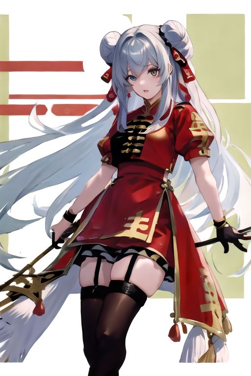 solo_focus, 1girl, (((masterpiece))), ((best quality)), ((ultra-detailed)), high resolution, absurdres, highres, ultra-detailed 8k unity wallpaper, 
DafengNyanNyan, hair between eyes, double bun, red china dress, black thighhighs, pelvic curtain, garter straps, hair ribbon,blackgloves,