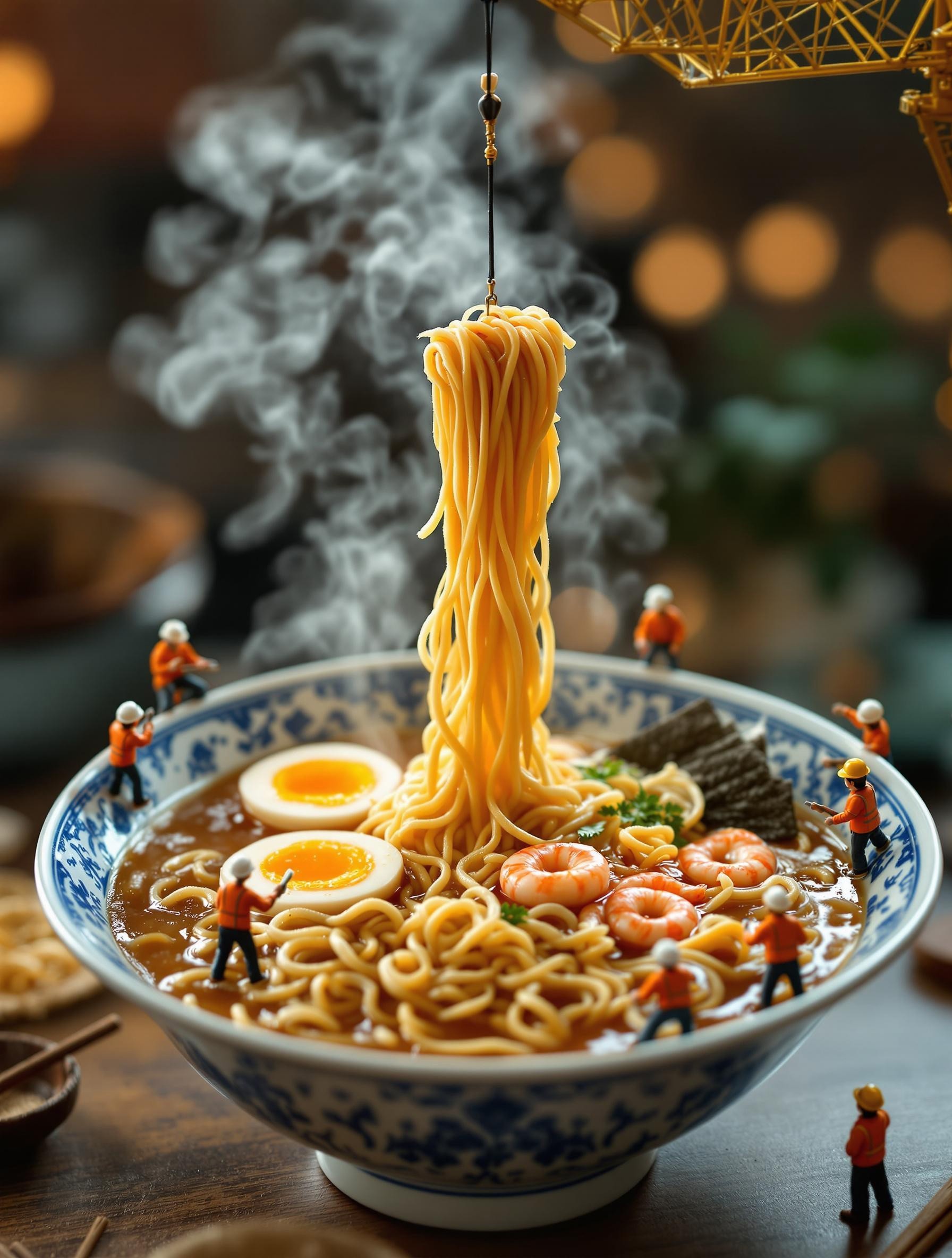 A highly detailed and cinematic close-up of a steaming bowl of ramen with rich broth, soft-boiled eggs with golden yolks, juicy shrimp, and curly noodles. A realistic miniature crane delicately lifts a portion of noodles directly from the bowl, without any plate, making it appear as if the crane is pulling the noodles up. Tiny construction workers in orange safety vests and white helmets surround the bowl, appearing to "construct" or "prepare" the ramen. Some workers are kneeling, others are using tiny tools to interact with the noodles and ingredients. Soft, warm lighting with a dreamy bokeh background enhances the atmosphere, while steam rises naturally from the hot ramen. The bowl is a traditional Japanese porcelain design with intricate blue patterns. Ultra-realistic textures, depth of field, and intricate miniature details for a hyper-realistic, whimsical scene