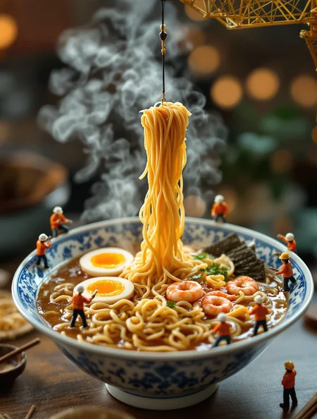 A highly detailed and cinematic close-up of a steaming bowl of ramen with rich broth, soft-boiled eggs with golden yolks, juicy shrimp, and curly noodles. A realistic miniature crane delicately lifts a portion of noodles directly from the bowl, without any plate, making it appear as if the crane is pulling the noodles up. Tiny construction workers in orange safety vests and white helmets surround the bowl, appearing to "construct" or "prepare" the ramen. Some workers are kneeling, others are using tiny tools to interact with the noodles and ingredients. Soft, warm lighting with a dreamy bokeh background enhances the atmosphere, while steam rises naturally from the hot ramen. The bowl is a traditional Japanese porcelain design with intricate blue patterns. Ultra-realistic textures, depth of field, and intricate miniature details for a hyper-realistic, whimsical scene