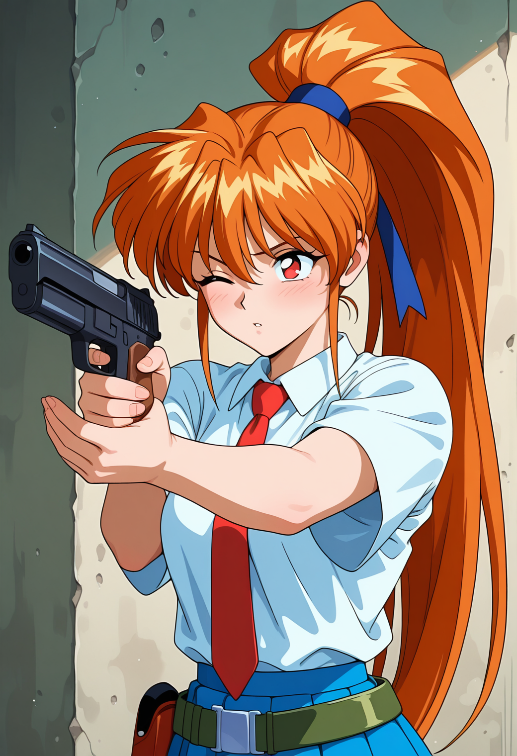 masterpiece, best quality, amazing quality, 1girl, solo, 1990s \(style\), retro_artsryle,
<lora:inoue_ritsuko_v01:0.9>, inoue_ritsuko, ritsuko_normal, orange hair, long hair, high ponytail, red eyes,
blue hair ribbon, school uniform, collared shirt, short sleeves, red necktie, belt, blue miniskirt, plated skirt, handgun, aiming, one eye closed, upper body